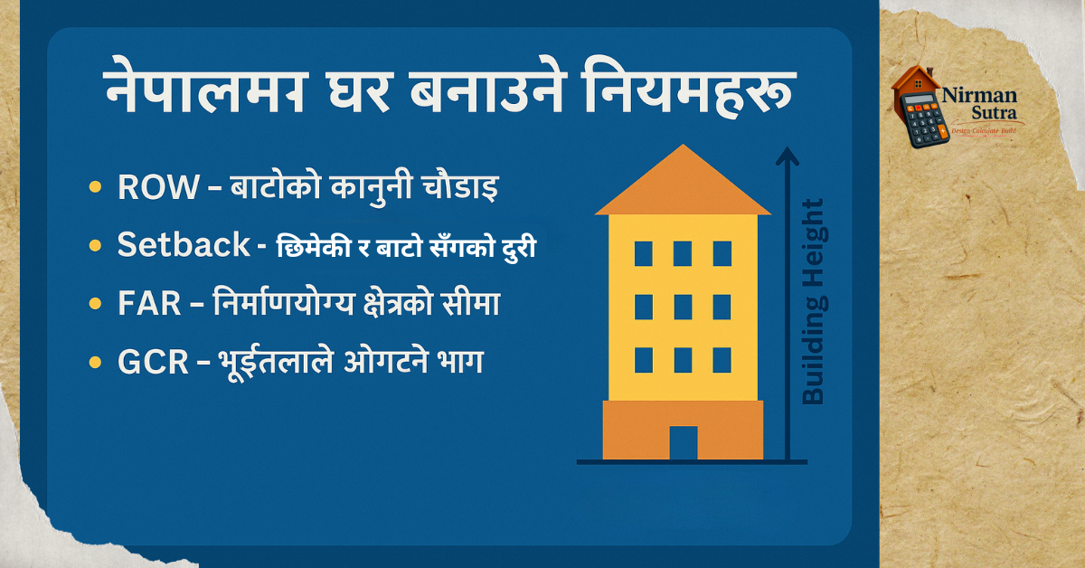 नेपालमा घर बनाउने नियमहरू: ROW, Setback, FAR, GCR, र Building Height